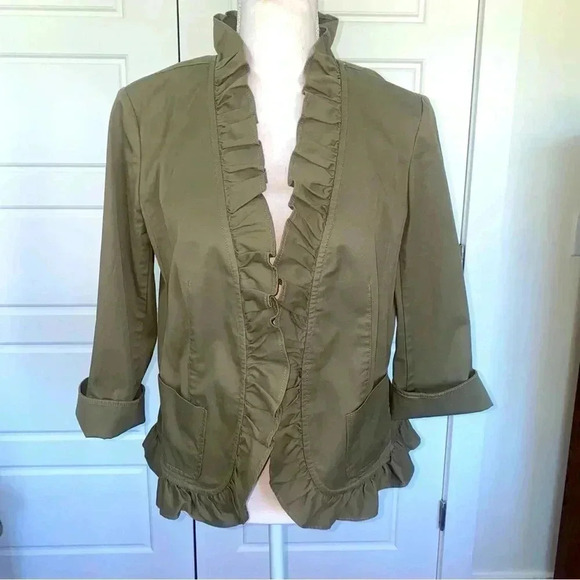 Talbots Olive Army Green Ruffle Jacket Excellent Condition Size 10 Petite - Picture 3 of 10